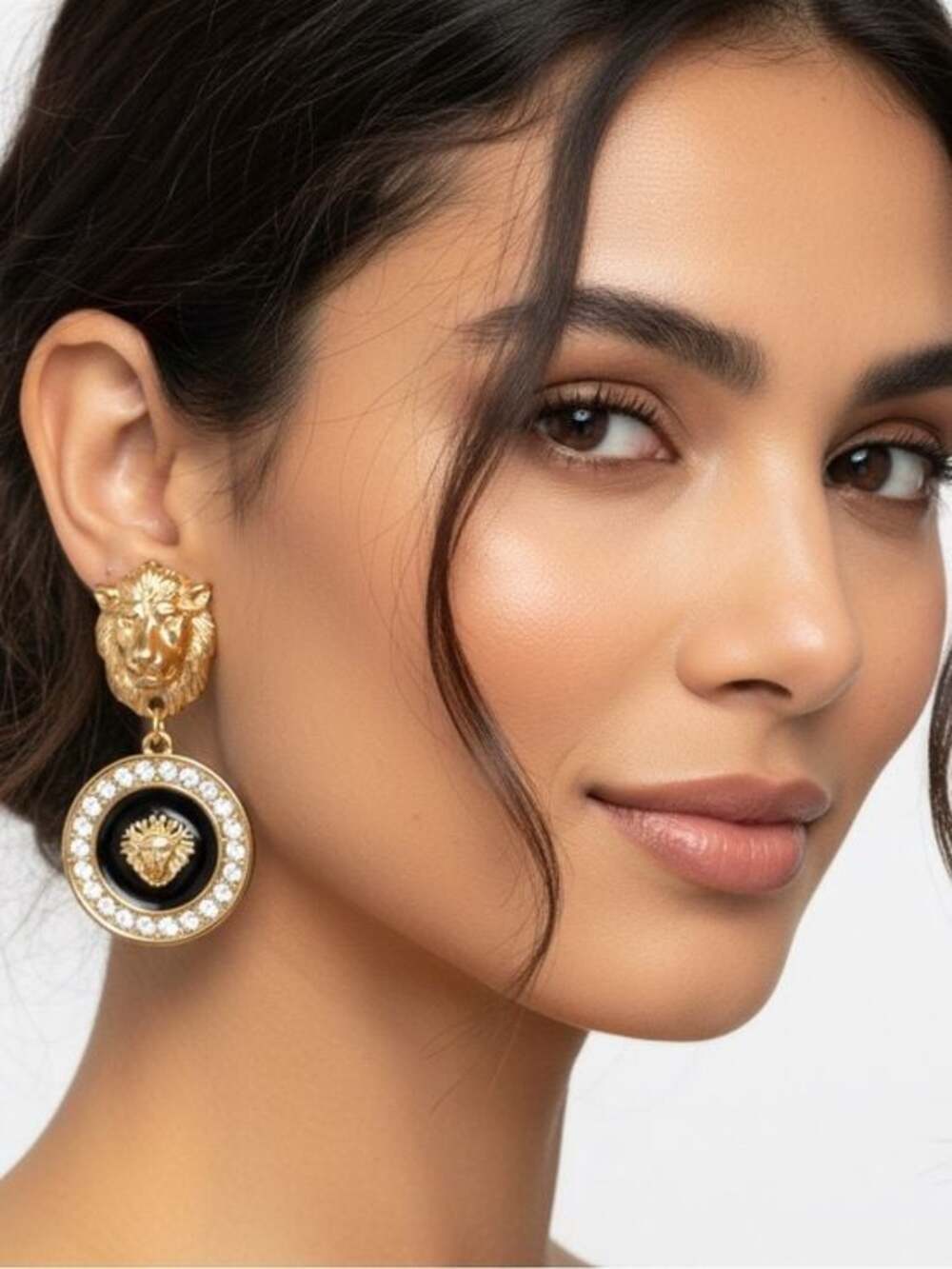 Gold and Black Lion Medallion Drop Earrings - Statement Women's Jewelry